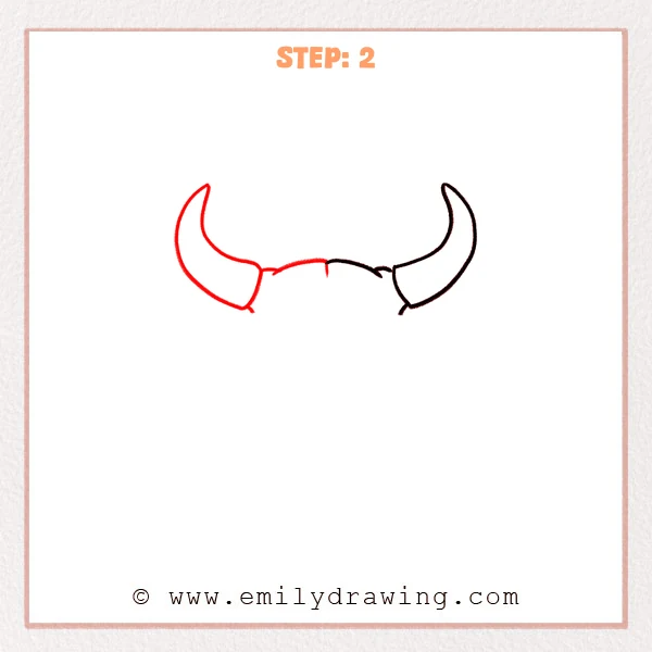 how to draw a bull skull - Bull skull drawing with two symmetrical curved horns connected by a shallow forehead line with a small center notch.